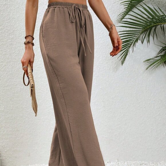 Coffee Brown Casual Women's Summer Drawstring Elastic Waist Wide Leg Pants - Picture 5 of 6